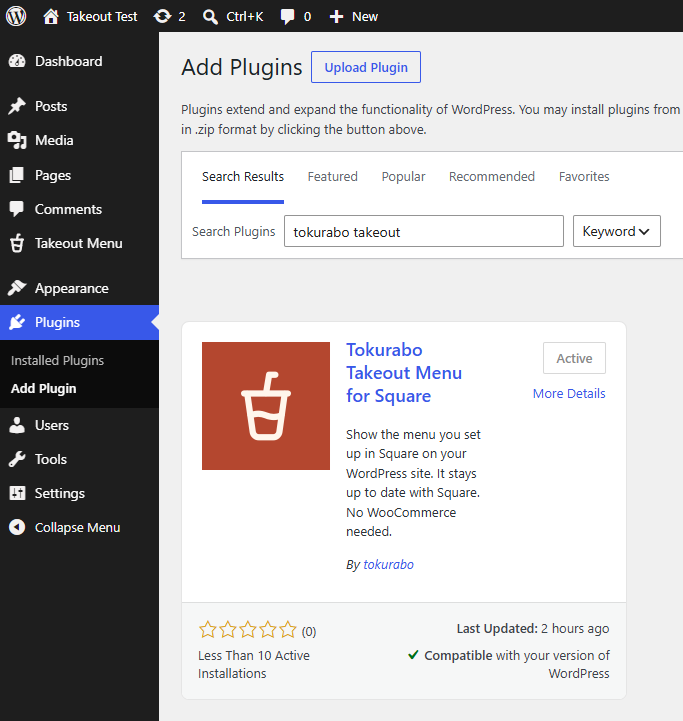 Searching for Tokurabo Takeout Menu in Plugins > Add Plugin