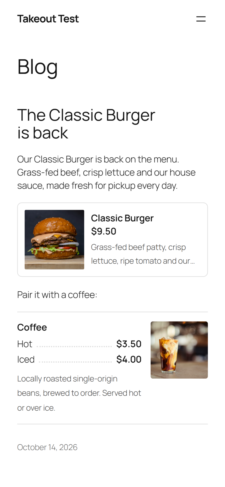 A blog post with menu items, seen on a phone