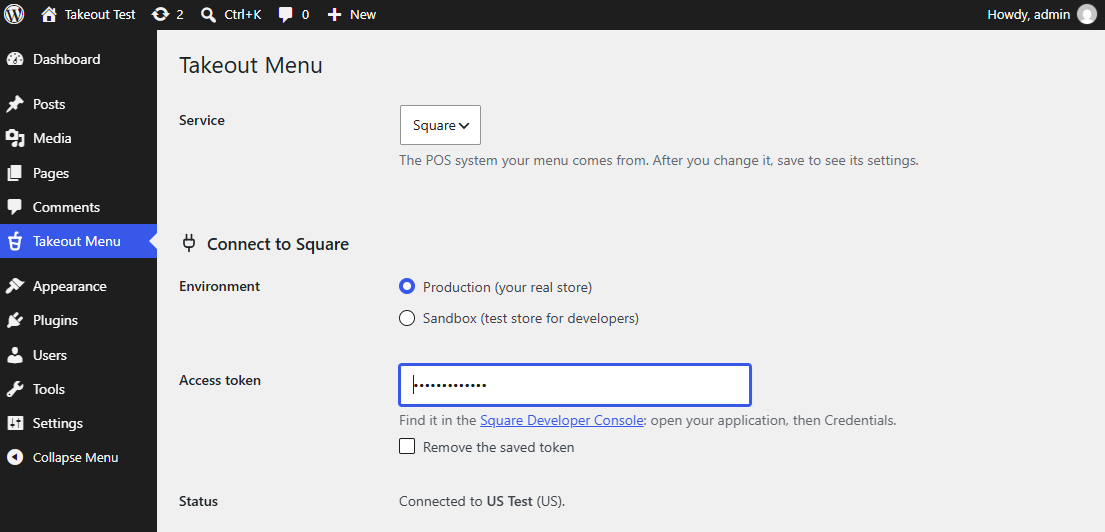 Entering the Square access token in the Takeout Menu settings