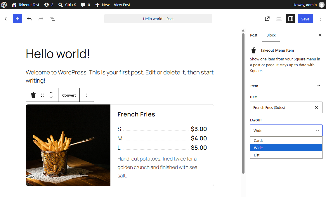 Adding a Takeout Menu Item block to a blog post and choosing the layout
