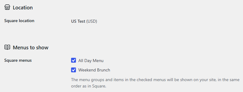 Location and Menus to show in the Takeout Menu settings. The location is US Test, and All Day Menu and Weekend Brunch are checked