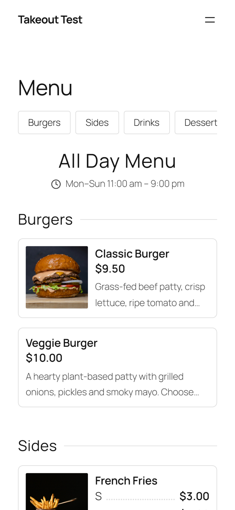 A menu page made by Takeout Menu, seen on a phone