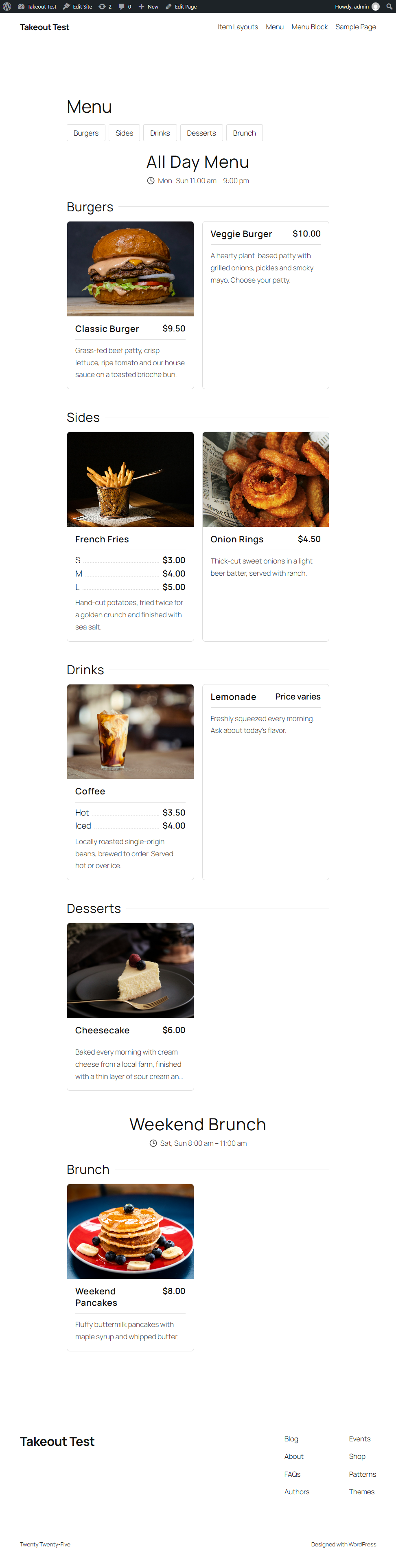 Example of an automatically generated menu page (left: top half, right: bottom half)