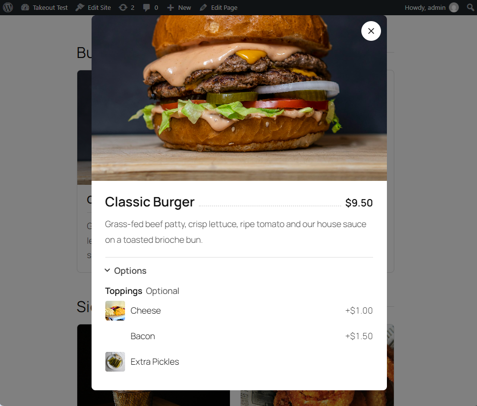 The item popup with photo, description, and options