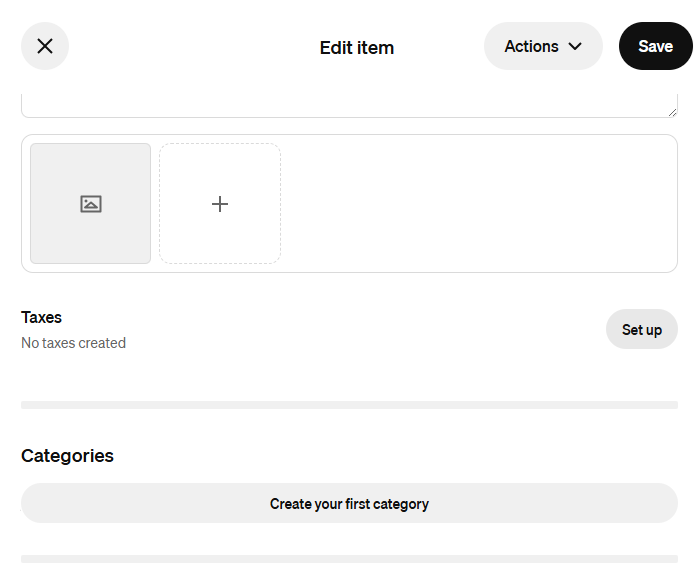 Editing an item in Square. Taxes: No taxes created, with a Set up button.