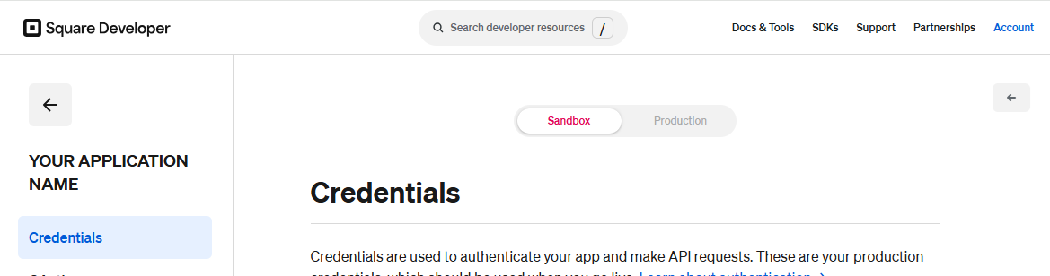 The Credentials page. Sandbox is selected at first.