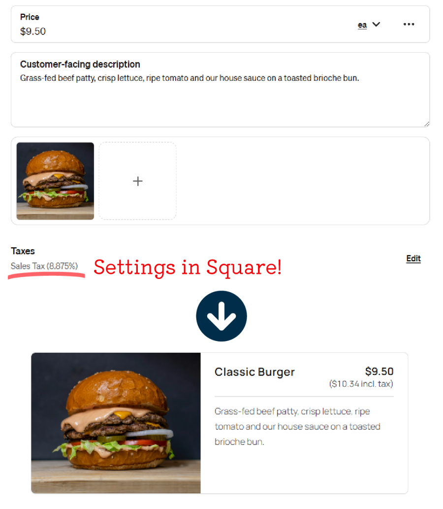 Top: editing an item in Square, price $9.50 with Sales Tax 8.875%. Bottom: the same item on the website, $9.50 ($10.34 incl. tax)