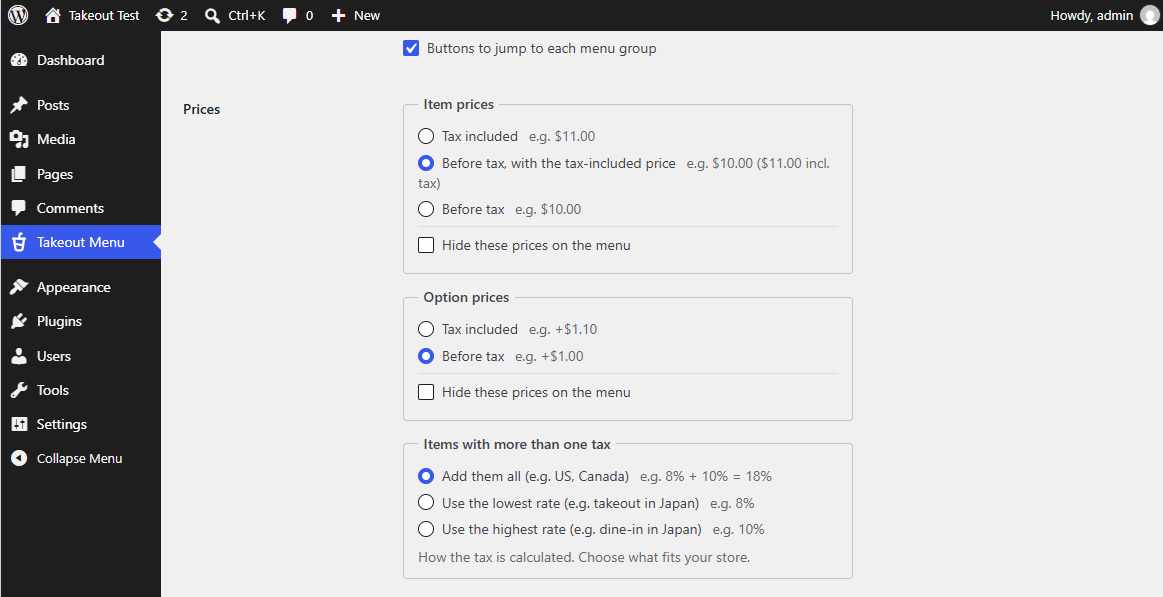 The Prices settings in Takeout Menu: Item prices, Option prices, and Items with more than one tax.