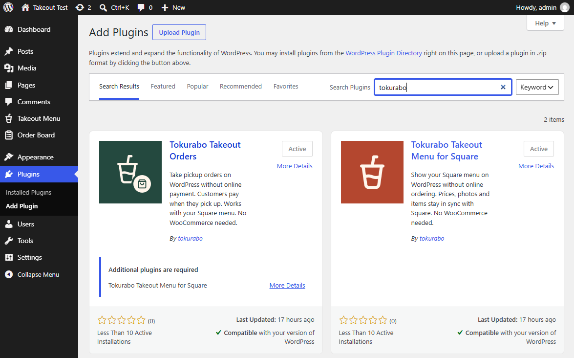 Searching for tokurabo on the Add Plugins screen, with Tokurabo Takeout Orders and Tokurabo Takeout Menu for Square active