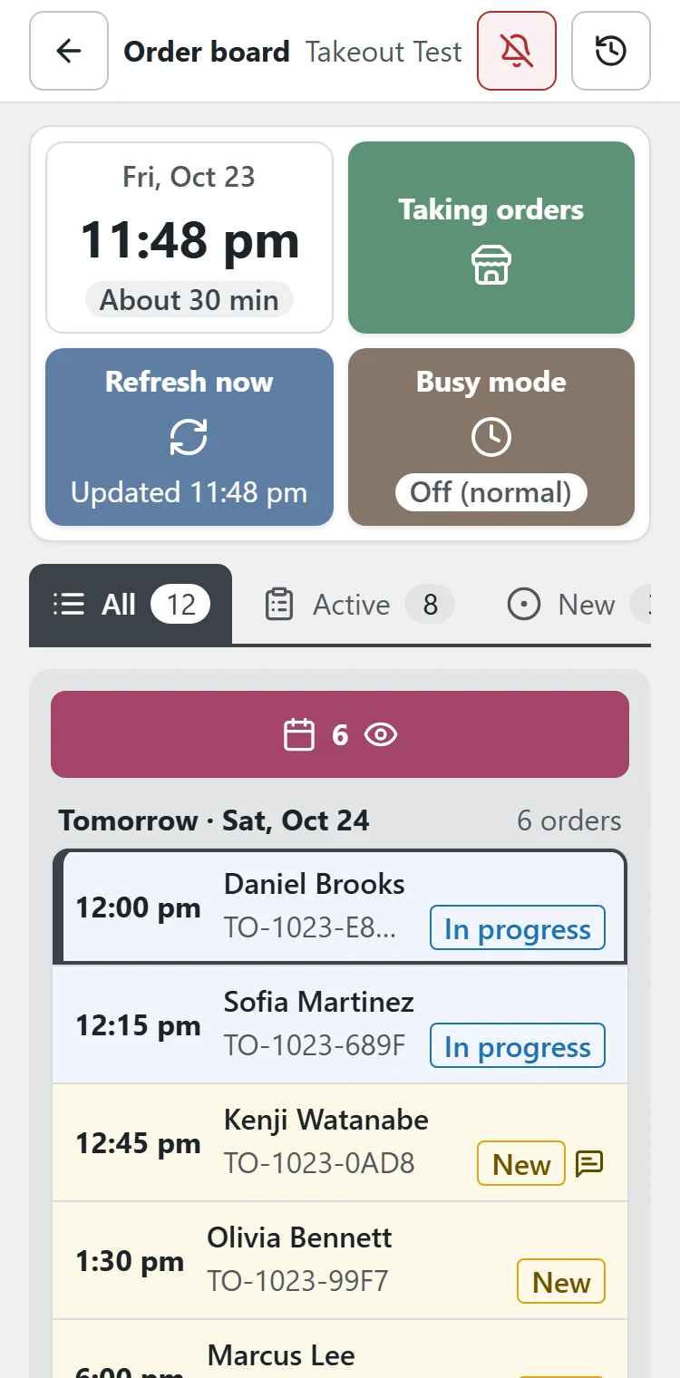 The order board on a phone. Four boxes (clock, Taking orders, Refresh now, Busy mode) and the list of orders