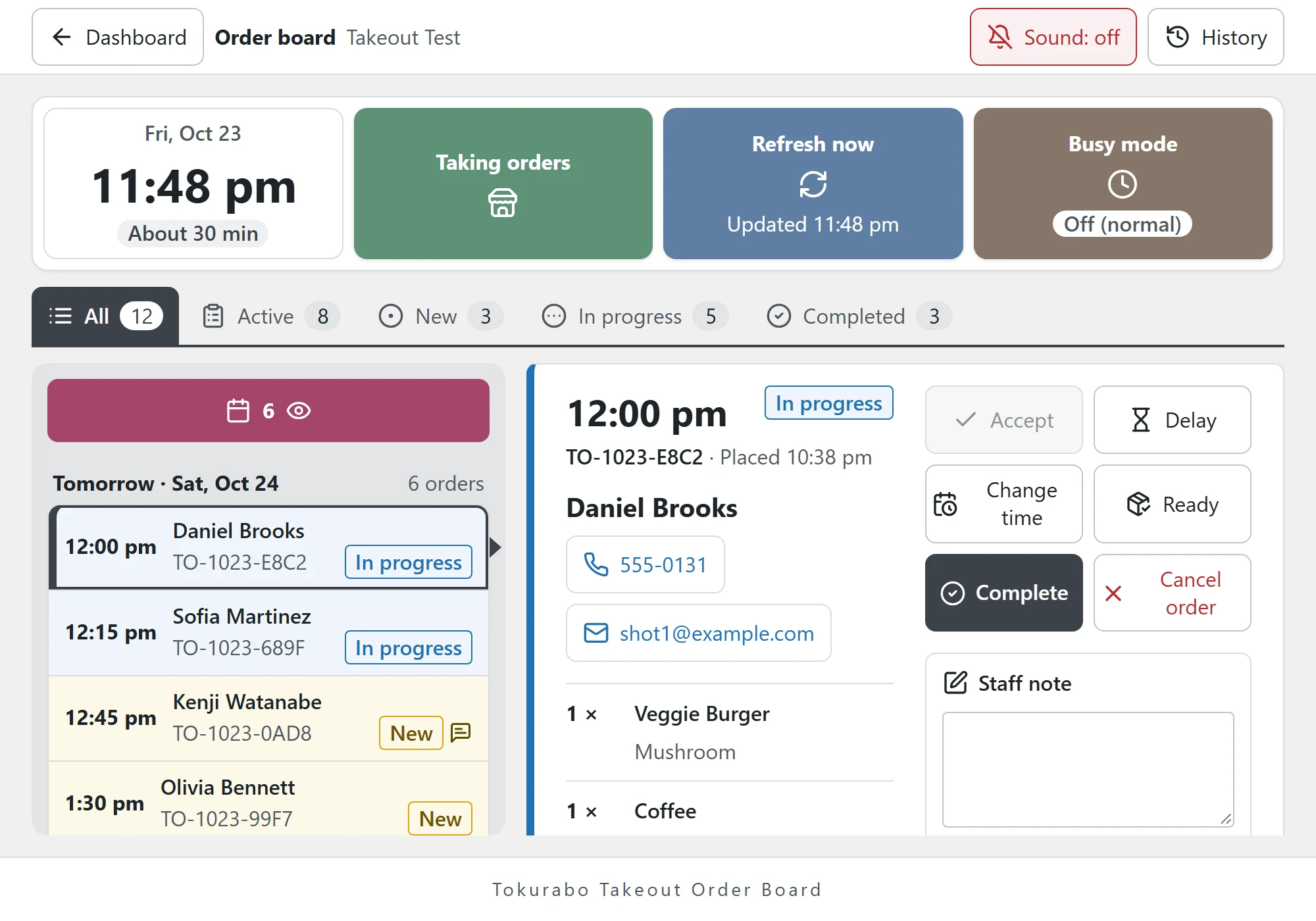 The order board on a tablet. Orders in pickup time order on the left, and the selected order with the Accept, Delay, Change time, Ready, Complete and Cancel order buttons on the right