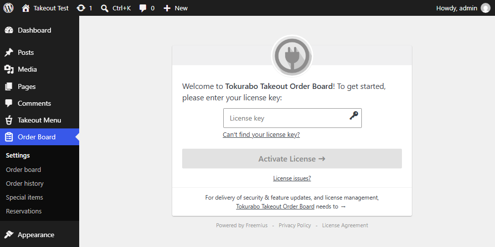 Order Board > Settings before the license is entered: the License key box, the Can't find your license key? link and the Activate License button
