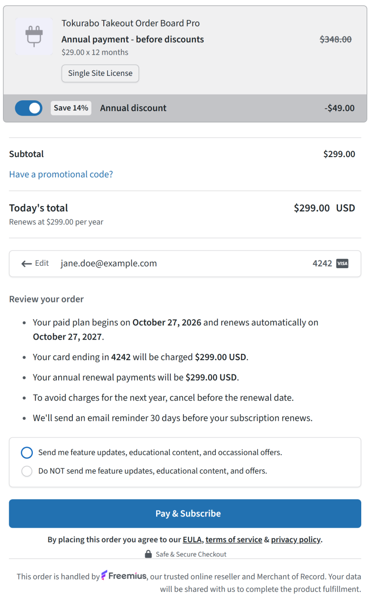 The review screen. Your email address and the last 4 digits of the card, the Review your order notes, the choice about update emails, and the Pay and Subscribe button