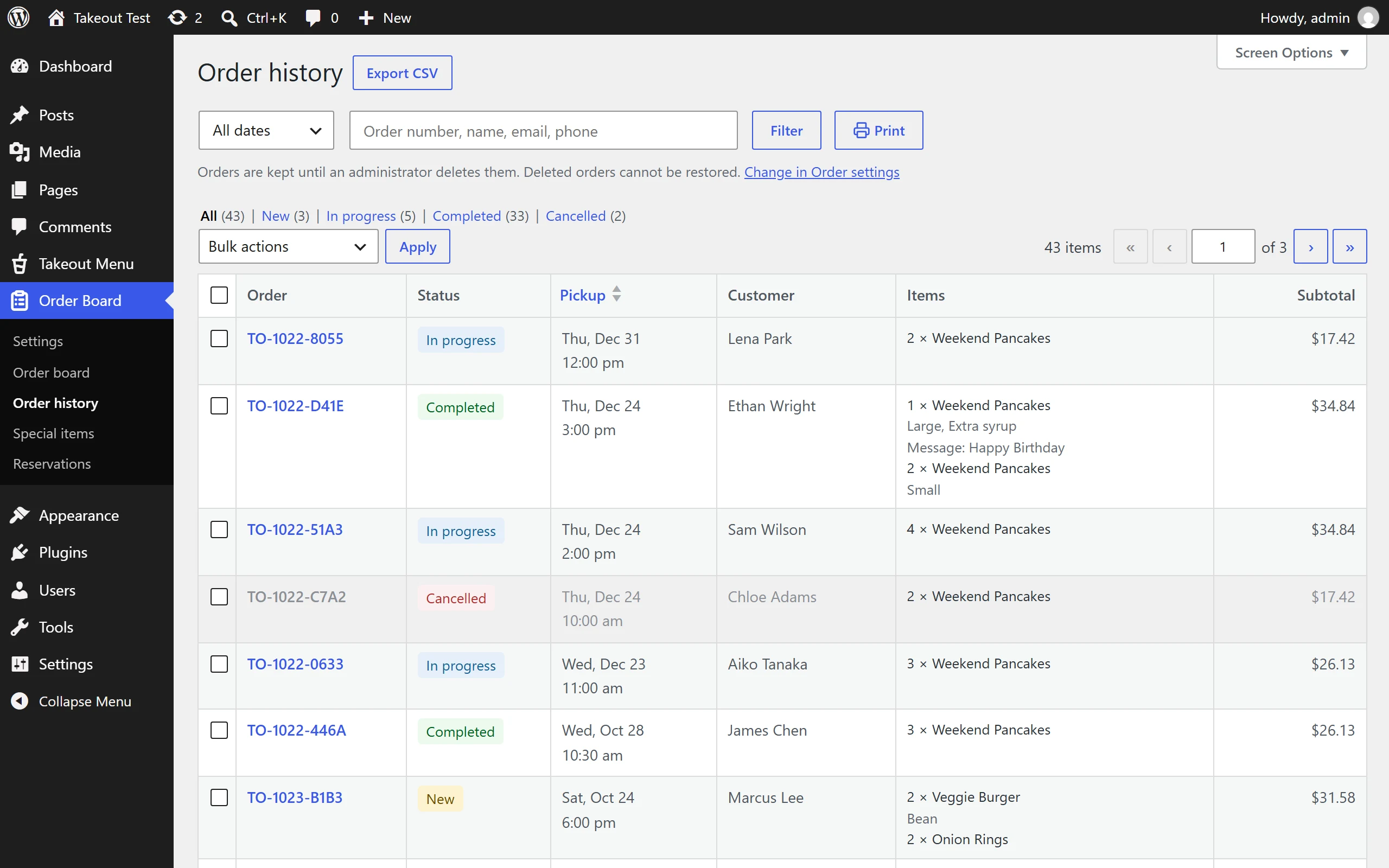 Order history: date range, search, Print and Export CSV buttons, and a list with order number, status, pickup time, customer, items and subtotal