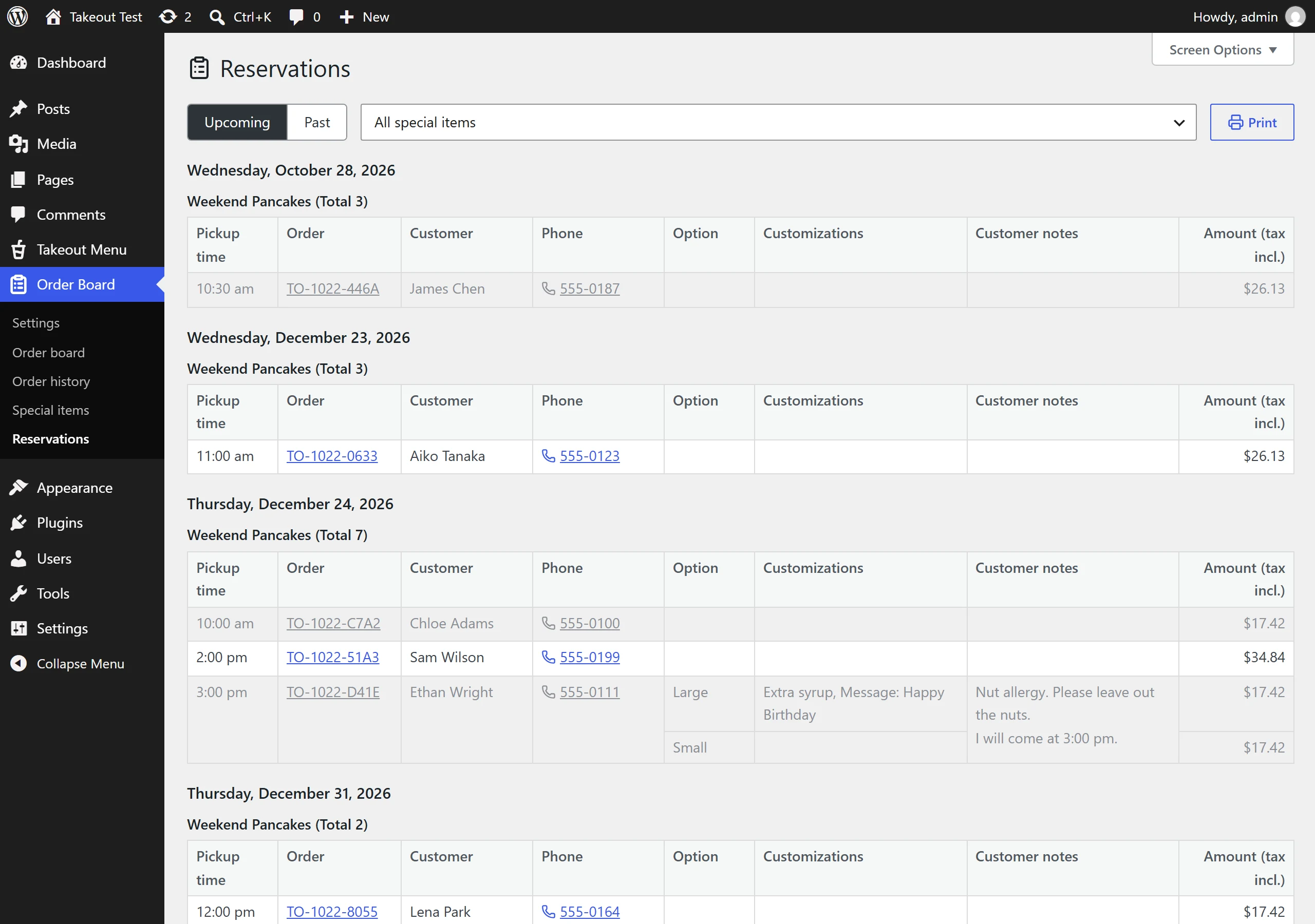 Reservations: for each pickup day, the item with the total to make, and a table with pickup time, order, customer, phone, option, customizations, customer notes and amount