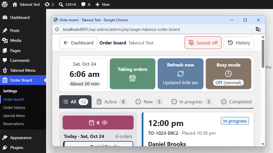 The order board opened in its own window from Order Board > Order board, with the Sound: off button at the top right