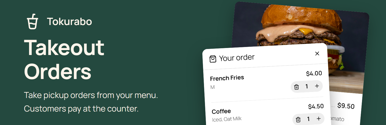 Tokurabo Takeout Orders：メニューから店頭受け取りの注文を受け付けられます。お支払いは店頭で。