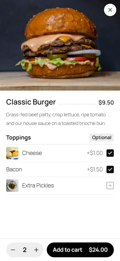 Classic Burger のトッピングと数量を選んで Add to cart