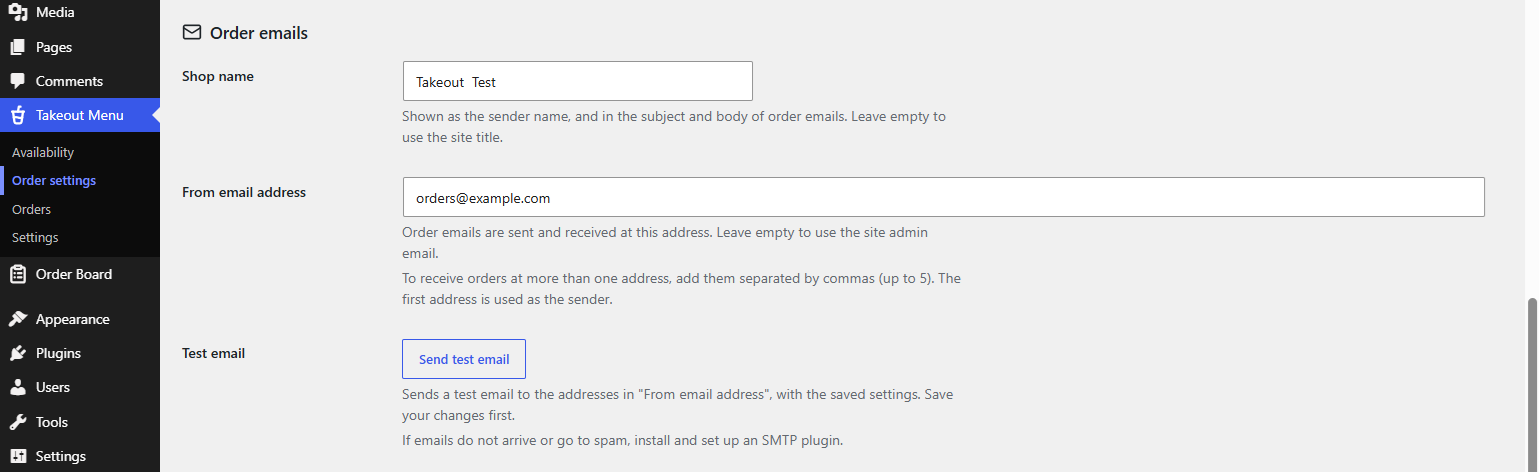 受付設定の画面の Order emails。新しい注文のメールの送信先