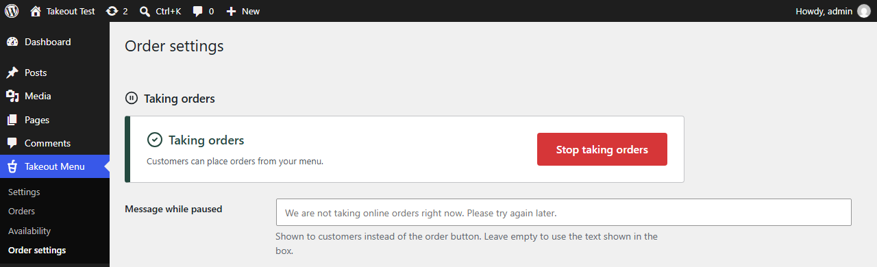Taking orders at the top of Order settings, with the red Stop taking orders button on the right