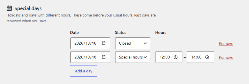 Special days in Order settings. For each date, choose Closed or Special hours