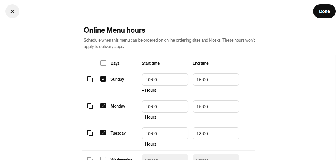 Menu hours. Enter the start and end time for each day